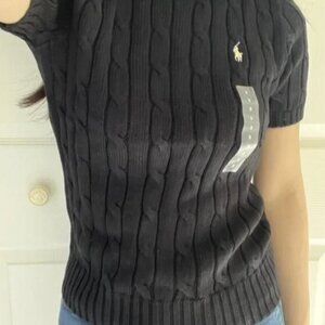 POLO RALPH LAUREN Cable-Knit Cotton Short-Sleeve Sweater - Black M